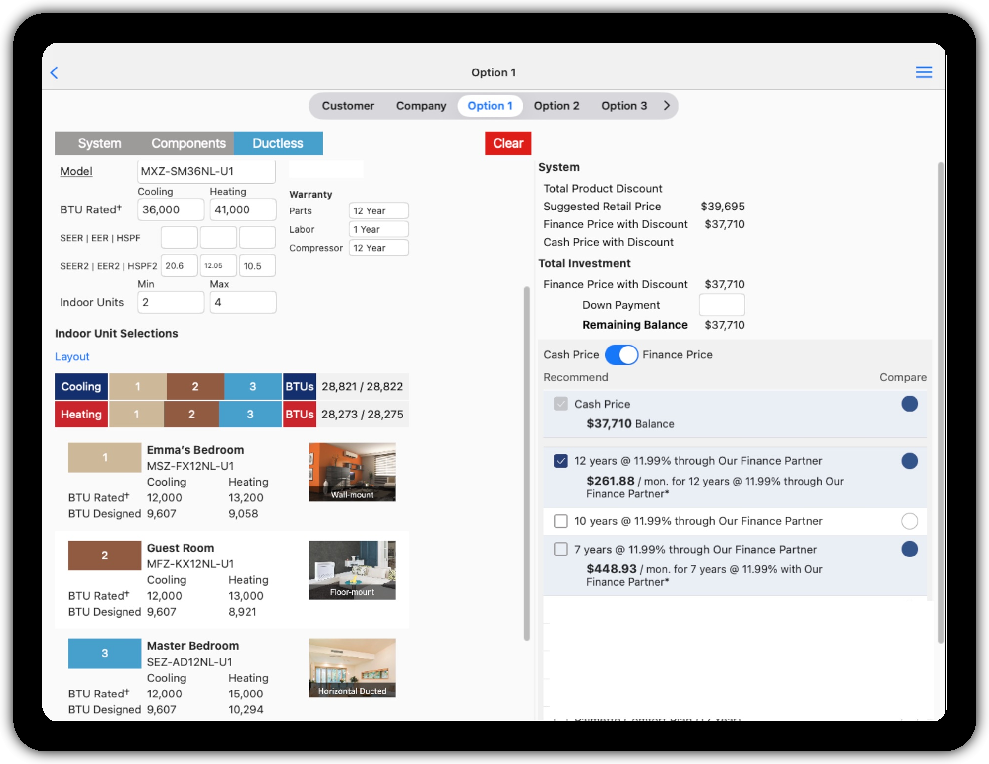 The Option screen with designed capacities for each zone beside the total investment and monthly payment options.