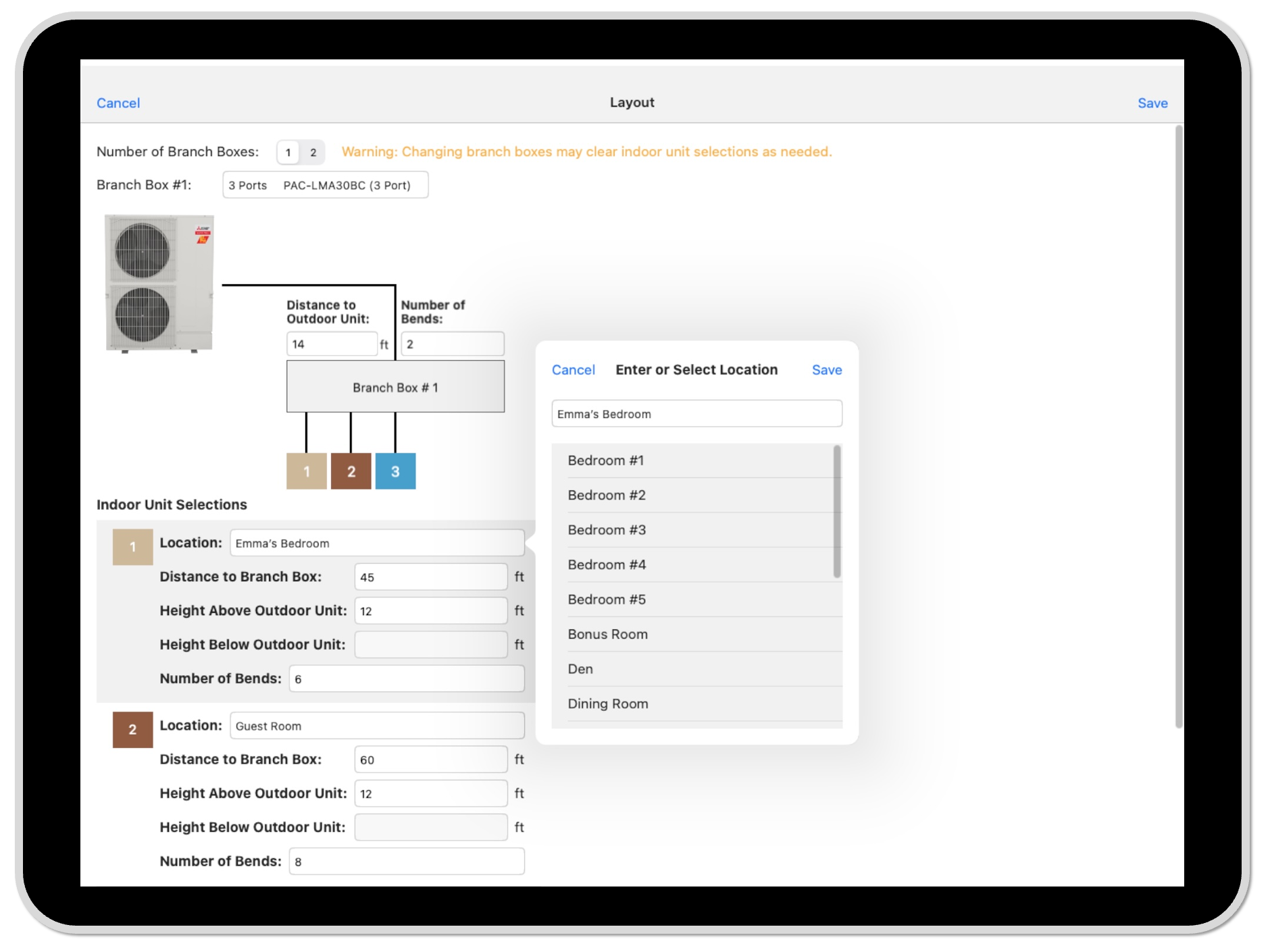 The Sales Builder Pro Layout Manager: a three-port branch box serving three rooms, with distance, elevation, and bends recorded for each run.