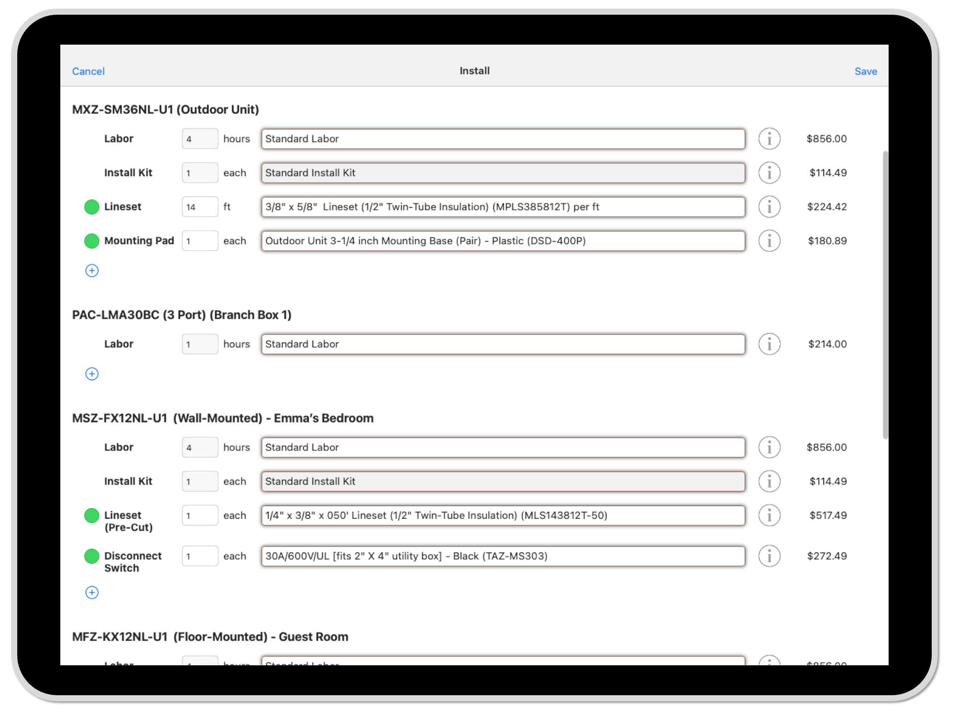 The Install screen listing required, recommended, and optional items generated from the design.
