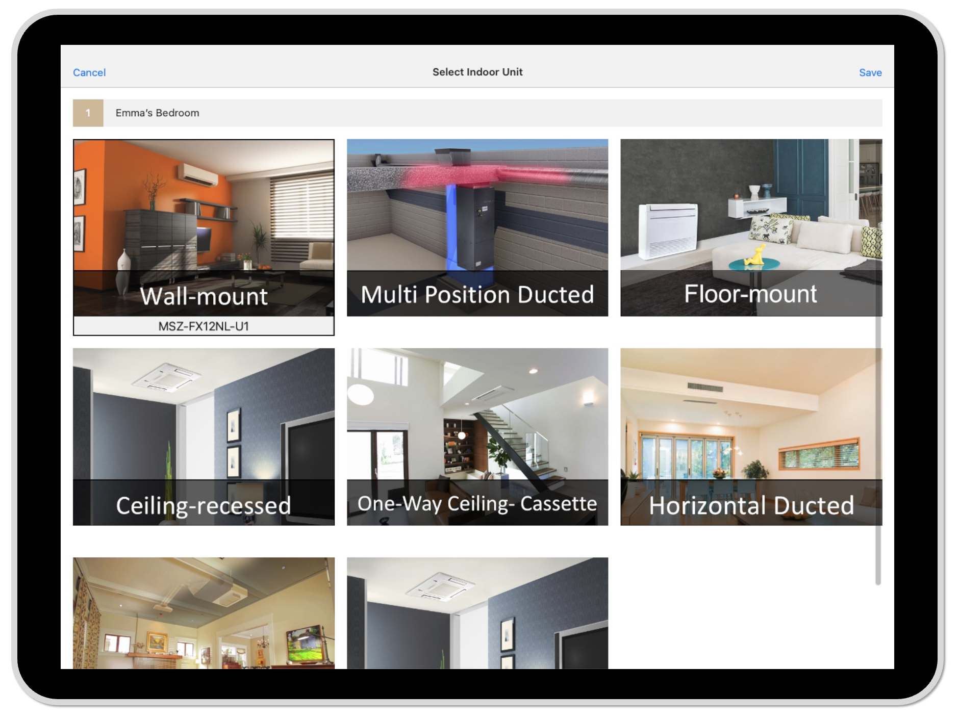 The Visual Selection Tool showing indoor-unit mounting styles in room photos, filtered to compatible units.