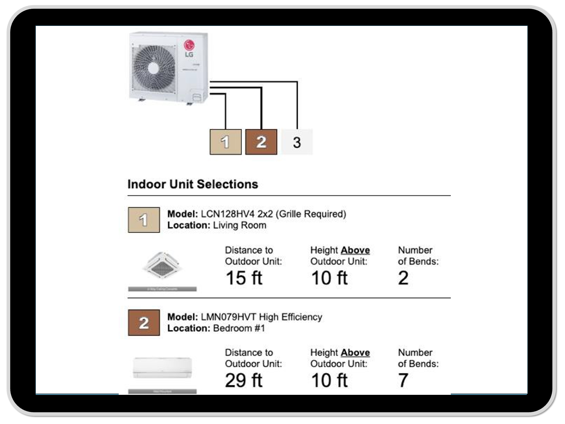 The first page of a ductless install guide with the system layout, unit models, and line-set lengths for the crew.