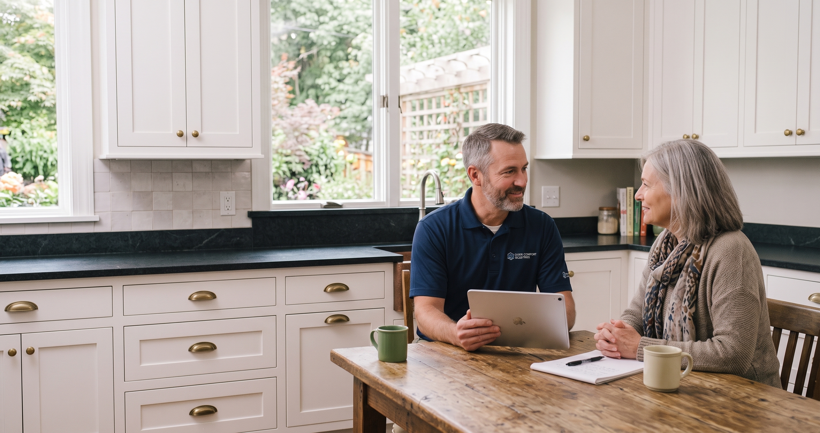 A comfort consultant recommends and compares financing options to a  homeowner at a kitchen table.